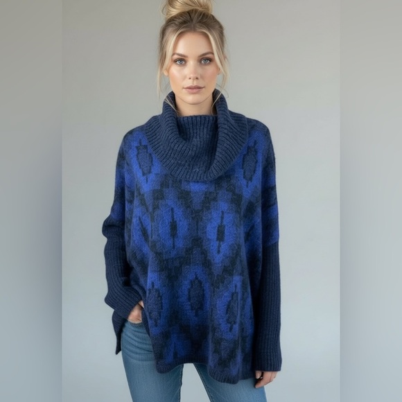 Soft Surroundings diamond Blue Cowl Neck Wool/Alpaca Pullover Tunic Sweater - Picture 2 of 7